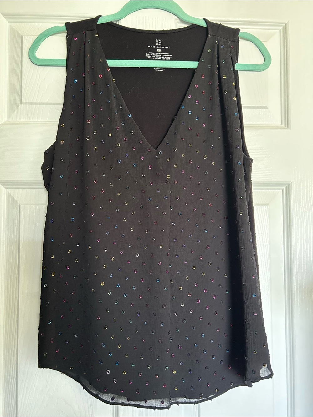 New York & Company Black V-Neck Sleeveless Camisole with Multicolor Dot Details